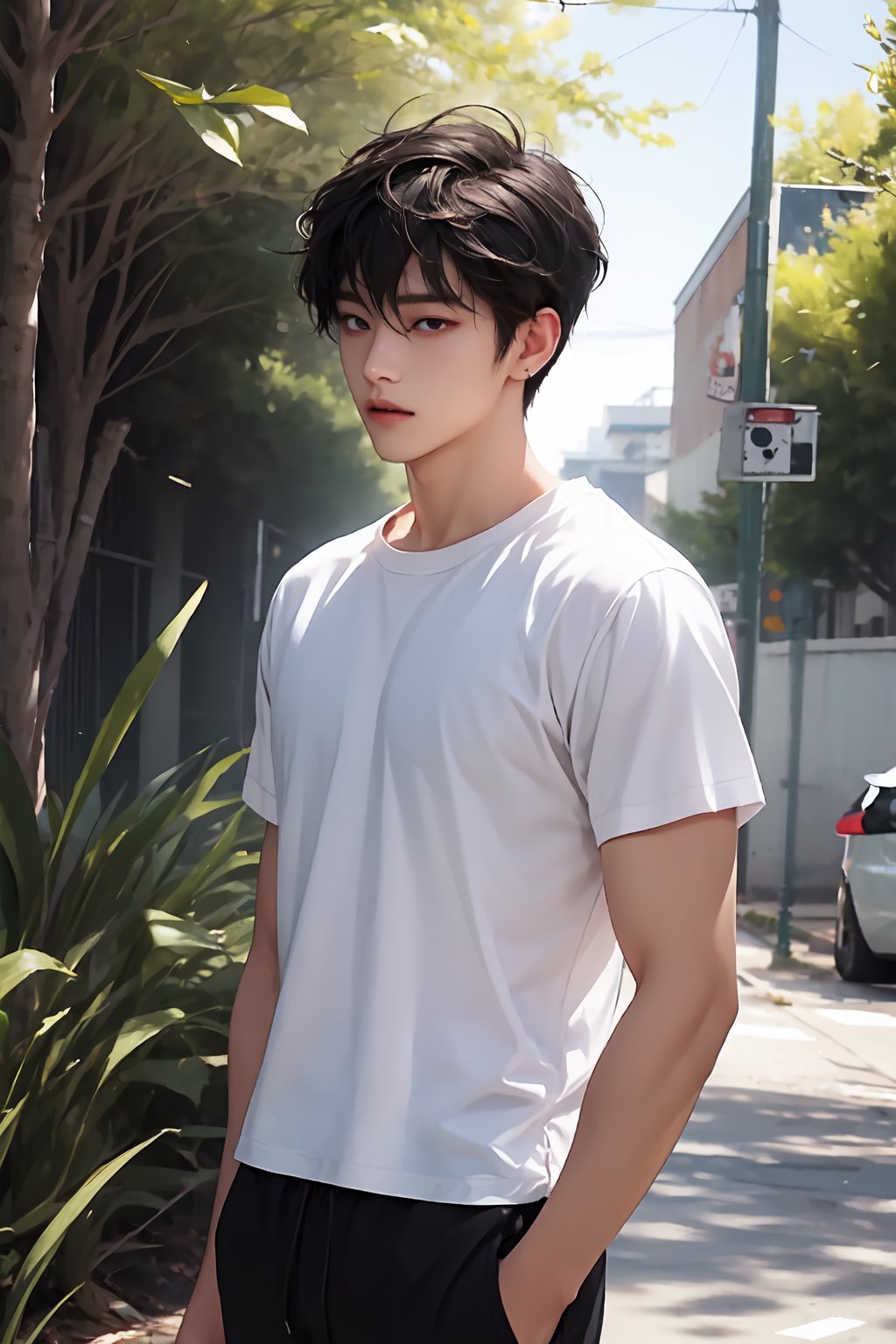 
solo, short hair, shirt, black hair, 1boy, standing, white shirt, male focus, outdoors, messy hair,25age
