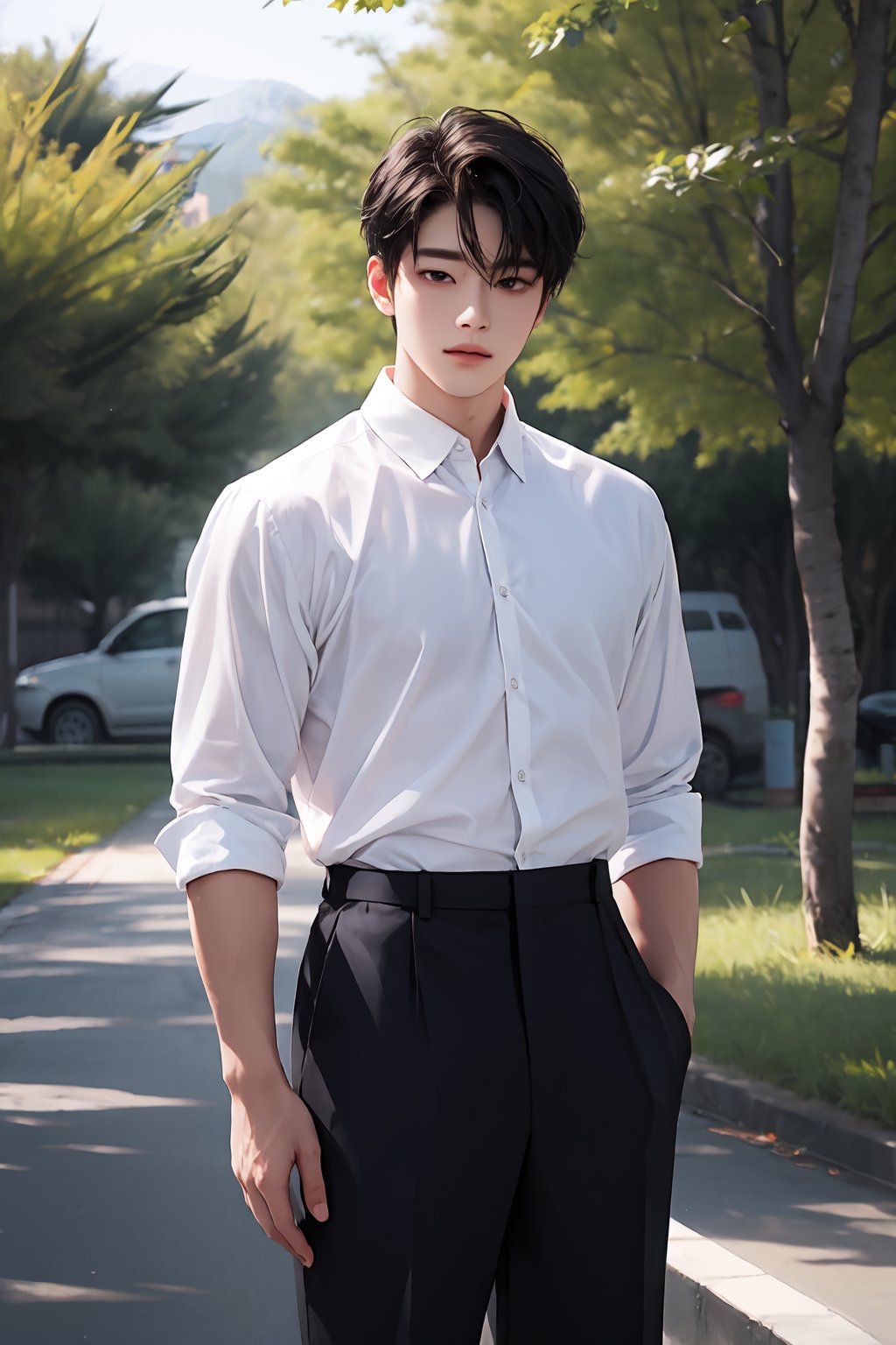 
solo, short hair, shirt, black hair, 1boy, standing, white shirt, male focus, outdoors, 