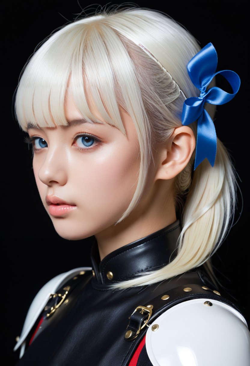 i want the whole image to be created in 3D anime style, 1girl, solo, long hair, looking at viewer, bangs, blue eyes, simple background, hair ornament, ribbon, closed mouth, hair ribbon, ponytail, white hair, sidelocks, black gloves, blunt bangs, armor, mole, from side, lips, looking to the side, petals, mole under eye, black background, portrait, tress ribbon, realistic, nose, kamisato ayaka