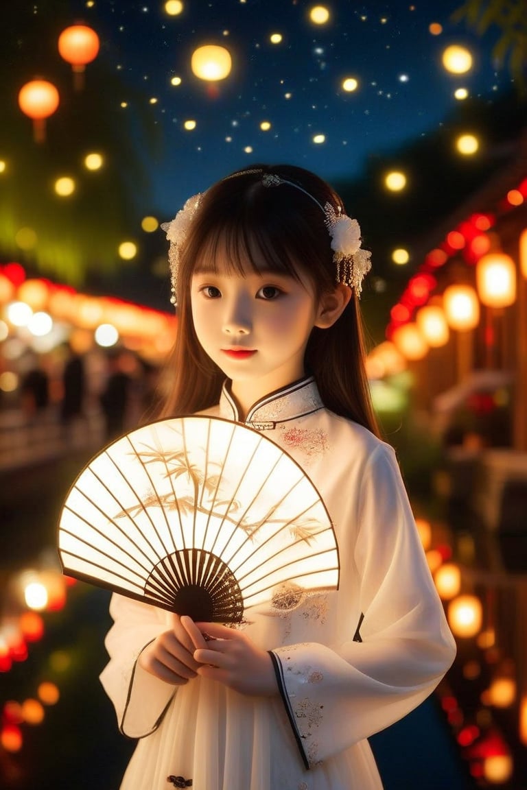 Girl in white Chinese attire with a fan, in a starlit night setting with nearby lights suggesting festivity.