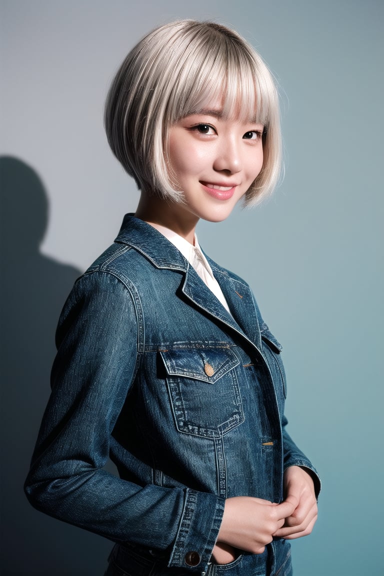 imagine Minimalist Y2K portrait of a girl with bubbly white haircut using Hasselblad camera on white backdrop, by photographer Juergen Teller, retro young Korean idol, sharp contrasty lighting with subtle shadows, desaturated color palette with light baby blue accent, extremely fine details in hair strands and denim textures, 8K ultra high definition studio editorial style
BREAK 
office background,paster,girl,upper body,solo,smile,suit,very detailed background structures,
