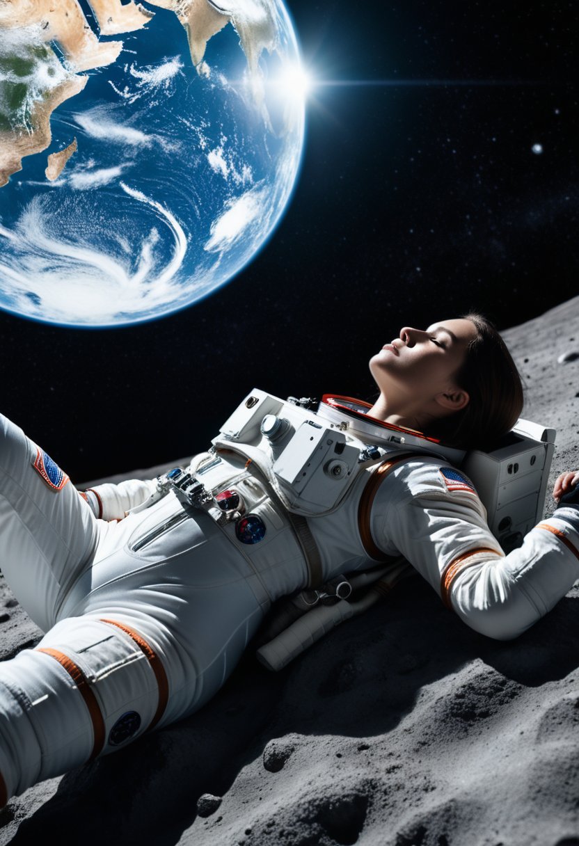 fantasy style, a female astronaut lying on her back at the moon, she looks at the spherical earth, extremely detailed, real photo style, 64K wallpaper,
BREAK,
dramatic lighting,highly detailed,high budget,bokeh,cinemascope,moody,epic,gorgeous,film grain,grainy,masterpiece,best quality,perfect anatomy,very aesthetic,official art,8k,