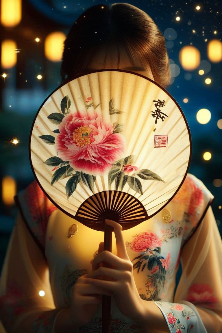 professional photography by Alessio Albi,Chinese girl, traditional cheongsam with peony pattern, delicate Chinese circular fan, silk fan surface, long bamboo fan handle body, very detailed details of the girl's face, holding a circular fan, long bamboo fan handle, Chinese calligraphy characters written on the fan surface, in a starry night environment with nearby lights suggesting the holiday season. Highly detailed, cinematic lighting, 8K resolution.