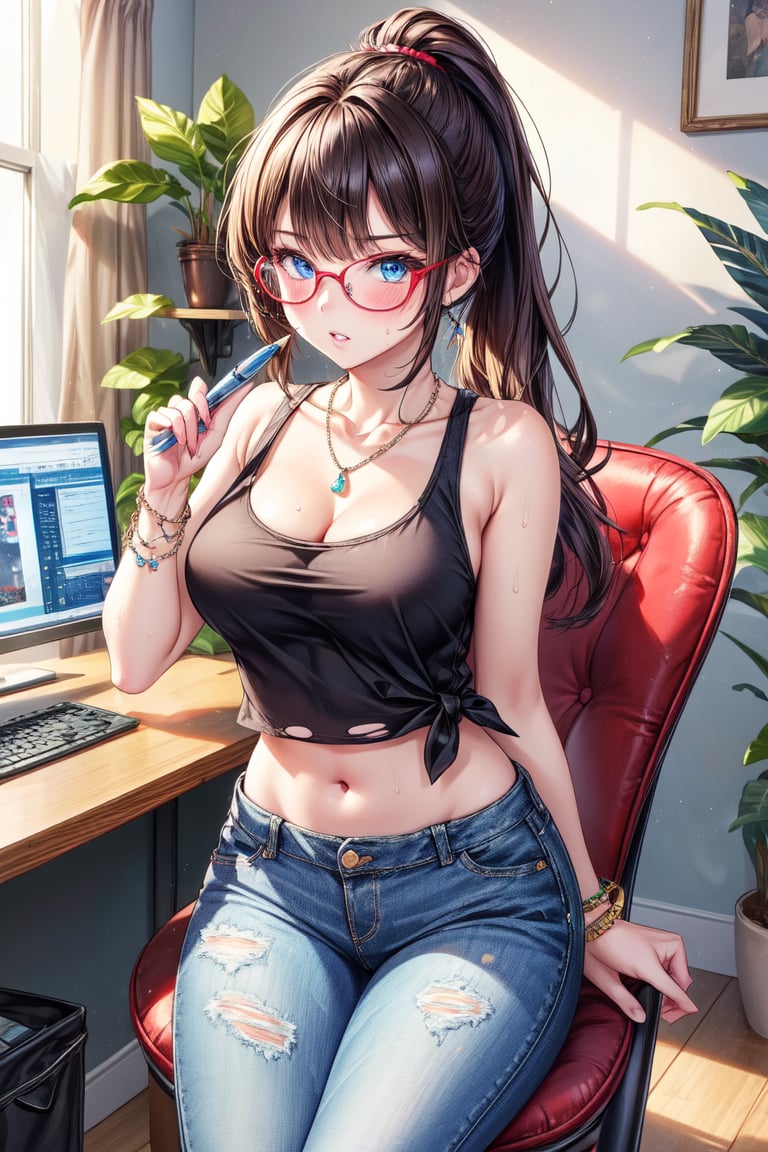 masterpiece, best quality, ultra-detailed, illustration, portrait,

1girl, solo, long hair, blush, bangs, blue eyes, brown hair, shirt, navel, bare shoulders, jewelry, sitting, collarbone, ponytail, sidelocks, sweat, parted lips, glasses, sleeveless, midriff, pants, indoors, necklace, stomach, bracelet, crop top, bare arms, chair, tank top, plant, denim, black-framed eyewear, jeans, pen, monitor, torn pants, holding pen, yellow tank top