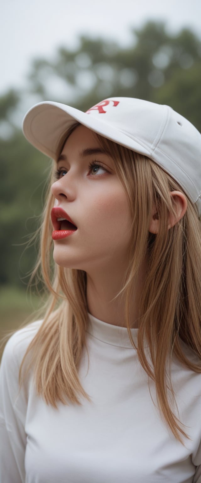 score_9, score_8_up, score_7_up, score_6_up, 
BREAK , 
source_real, raw, photo, realistic,  
BREAK, 

1girl, solo, long hair, open mouth, bangs, blonde hair, brown hair, shirt, long sleeves, hat, white shirt, upper body, parted lips, day, blurry, from side, lips, profile, white headwear, baseball cap, red lips