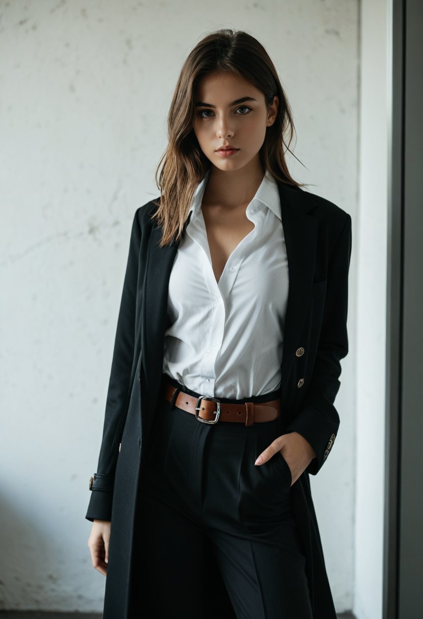 professional photography by Alessio Albi,,1girl,looking at viewer,white shirt,black jacket coat,belt,. 