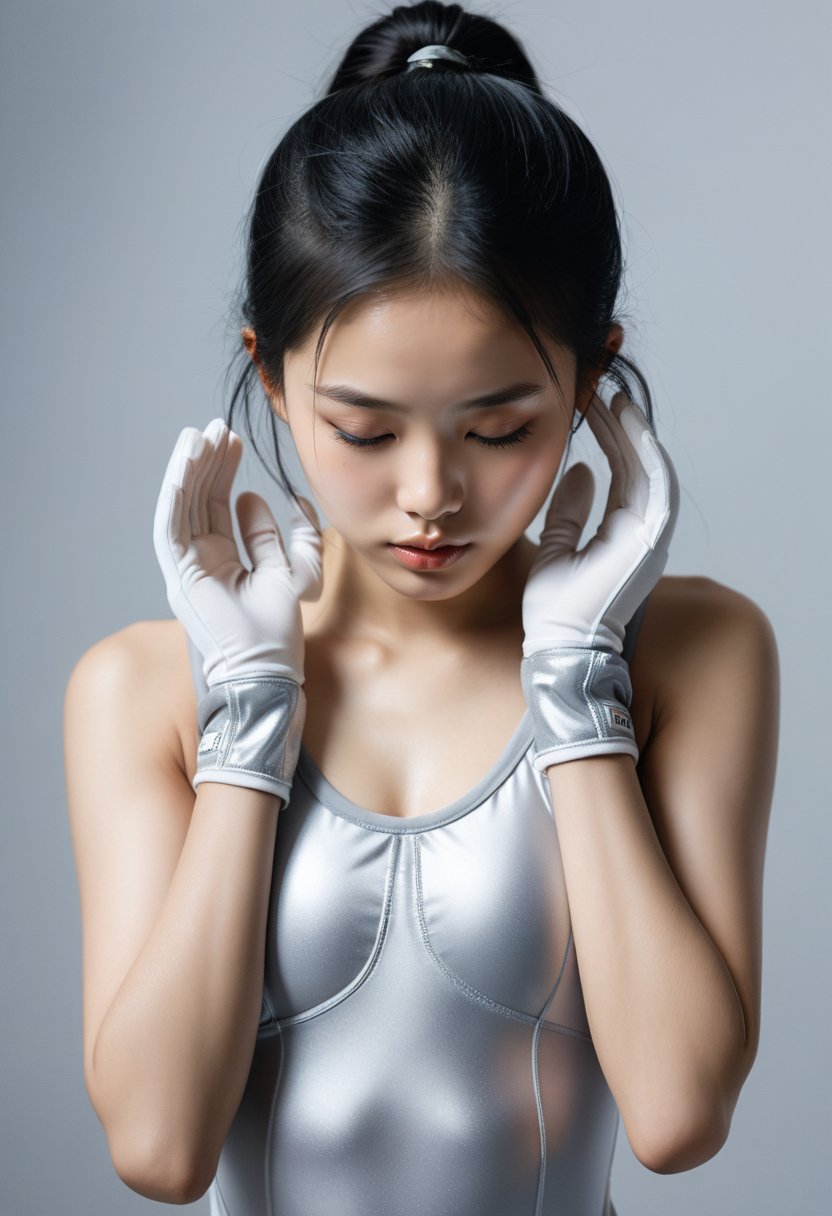 A hyper-realistic, ultra-detailed watercolor painting of an 18-year-old Vietnamese girl wearing a silver-grey gymnastics outfit. She has white gloves and her black hair partially covers her face. She is posing with her hands forming a heart shape and her head bowed in a cute manner. The background is neutral with a subtle gradient and soft textures. The lighting is soft and natural, highlighting the details of her outfit and features. High-resolution 32k, giving the impression of an extremely detailed watercolor painting,
BREAK,
dramatic lighting,highly detailed,high budget,bokeh,cinemascope,moody,epic,gorgeous,film grain,grainy,masterpiece,best quality,perfect anatomy,very aesthetic,official art,8k,