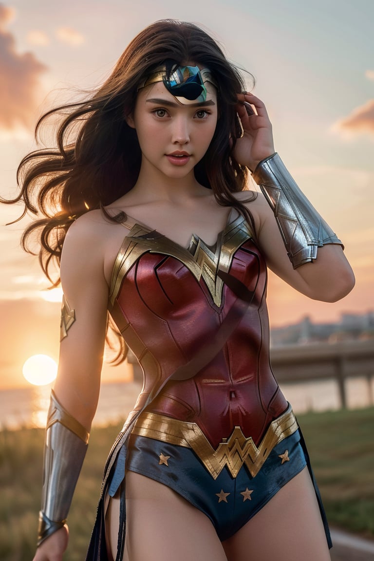 raw photo, (Wonder Woman), fashion photography of cute black long hair girl (Wonder Woman), dressing high detailed Wonder Woman suit, (high resolution textures), in dynamic pose, (random background), depth of field, detailed, sunset light passing through hair, perfect sunset