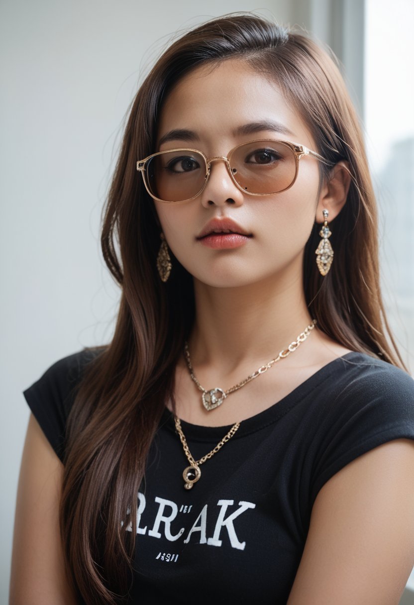 score_9,score_8_up,score_7_up,score_6_up BREAK source_real,raw,photo,realistic BREAK

1girl, solo, long hair, looking at viewer, brown hair, shirt, brown eyes, jewelry, earrings, parted lips, glasses, necklace, lips, black shirt, sunglasses, portrait,Asian