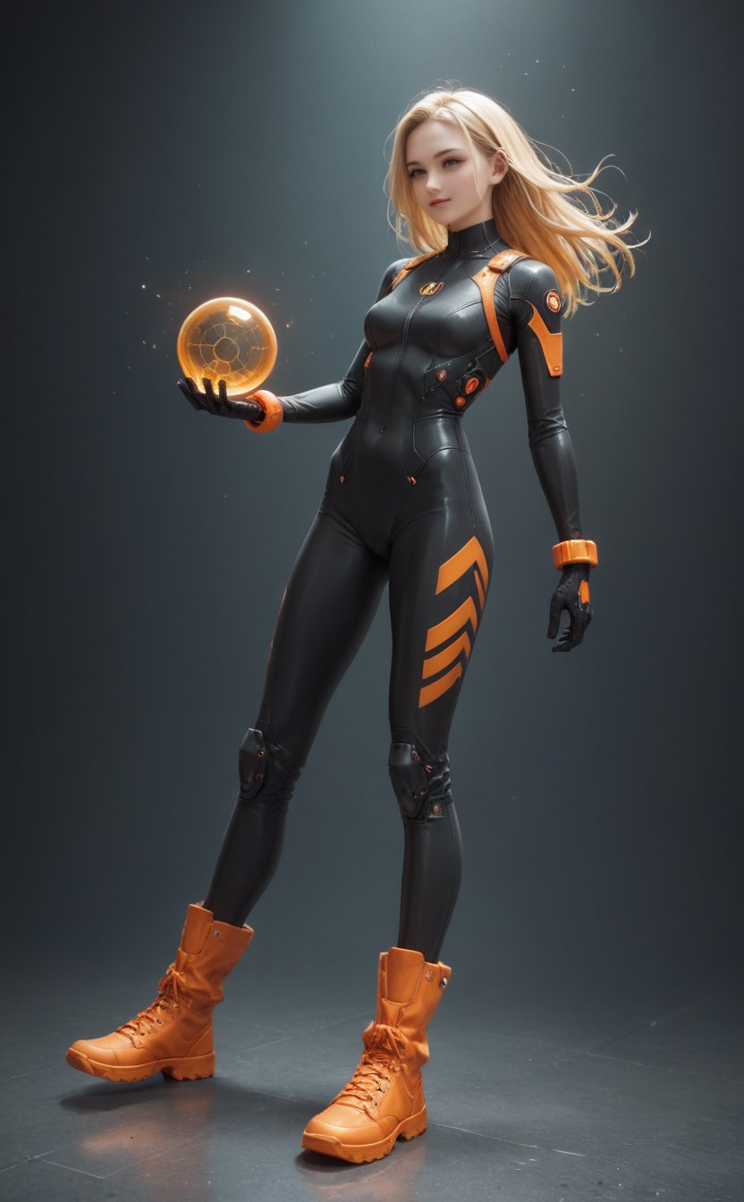 score_9, score_8_up, score_7_up, score_6_up, score_5_up, score_4_up,
BREAK 
Full-body illustration of a smiling woman with long blonde hair wearing a futuristic white and black bodysuit with orange accents and black gloves. She is holding a transparent sphere with her arms around it. The woman is wearing yellow work boots and is depicted in a friendly and casual pose. Next to her, there are two floating devices and a small gadget on the ground with the label 'WORFSPACE'. The style is detailed and vibrant, resembling anime or digital art.
