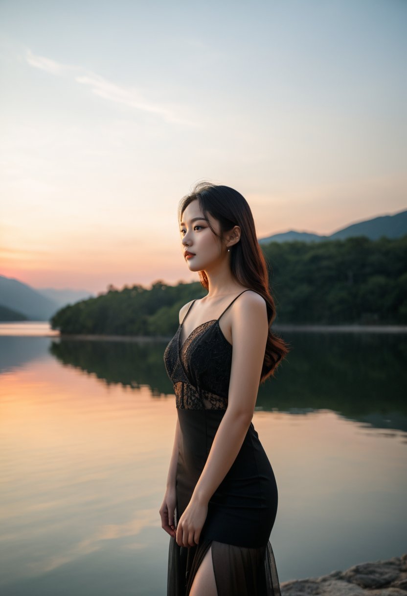 A beautiful young Korean girl wearing a black sleeveless dress with a sheer top. The dress fits her slim figure, accentuating her curves, and has a sophisticated, elegant look. She is standing by a serene lake at sunset, with the warm light reflecting on the water, creating a romantic and peaceful atmosphere. The background features soft, muted colors of the setting sun, and a few distant trees add to the scenic view. The overall image exudes a sense of calm and natural beauty,
BREAK,
highly detailed,high budget,cinemascope,moody,epic,gorgeous,film grain,grainy,masterpiece,best quality,perfect anatomy,very aesthetic,official art,8k,