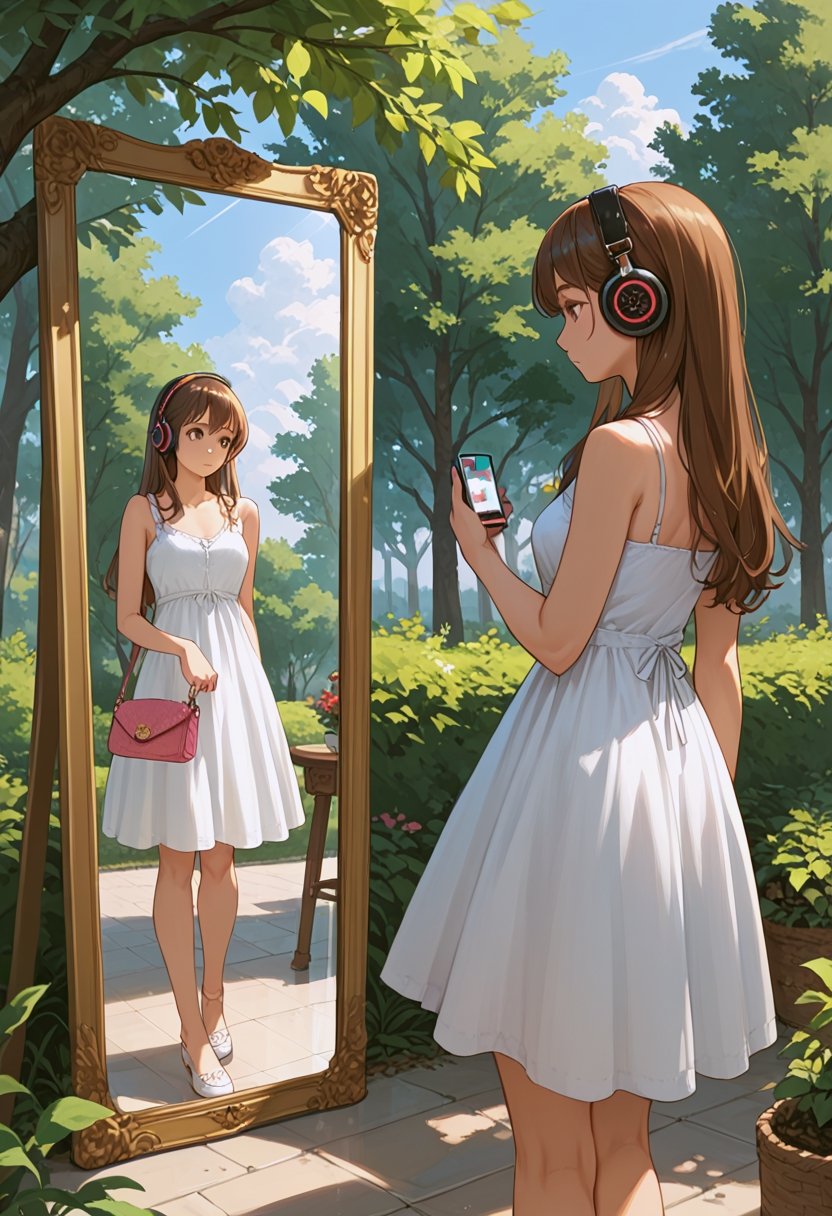 score_9, score_8_up, score_7_up, score_6_up, score_5_up, score_4_up,

1girl, solo, long hair, brown hair, dress, bag, tree, legs, headphones, phone, cellphone, smartphone, reflection, handbag, mirror, sundress