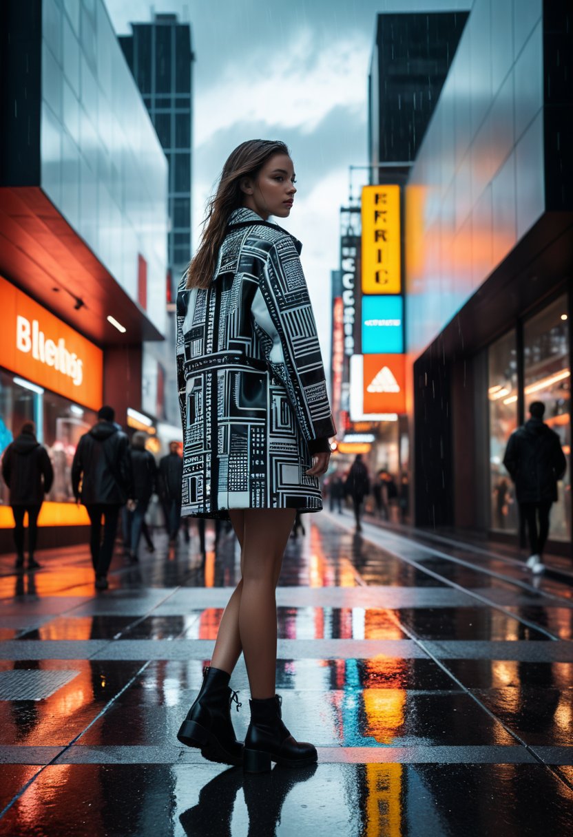 A young woman strolling through a monochromatic cityscape, clad in a chic black and white coat with geometric patterns, walking down a bustling urban street filled with abstract sculptures and futuristic architecture, under a cloudy sky hinting at rain, with reflections of neon signs on wet pavement adding a dynamic element, her expression a mix of determination and mystery, captured in a digital art style with bold lines and saturated colors. 
BREAK,
highly detailed,high budget,cinemascope,moody,epic,gorgeous,film grain,grainy,masterpiece,best quality,perfect anatomy,very aesthetic,official art,8k,