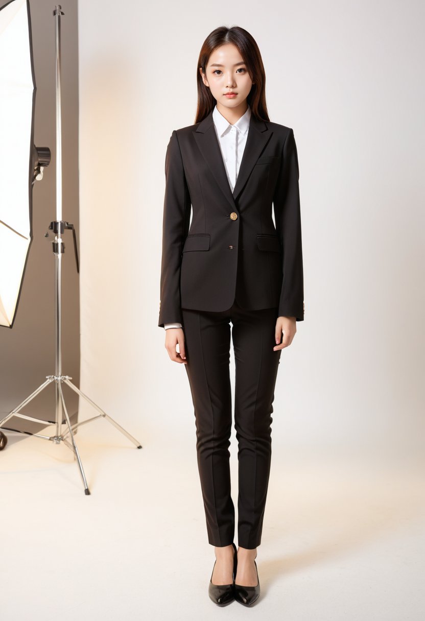 1girl, Korean, workplace female,women's image photo,brown eyes,20 years old,prefect face,perfect eyes,warm color palette,career suit,black suit,high quality,standing pose,looking at viewer,white_shirt,perfect studio lighting,full body,simple background,white_background,