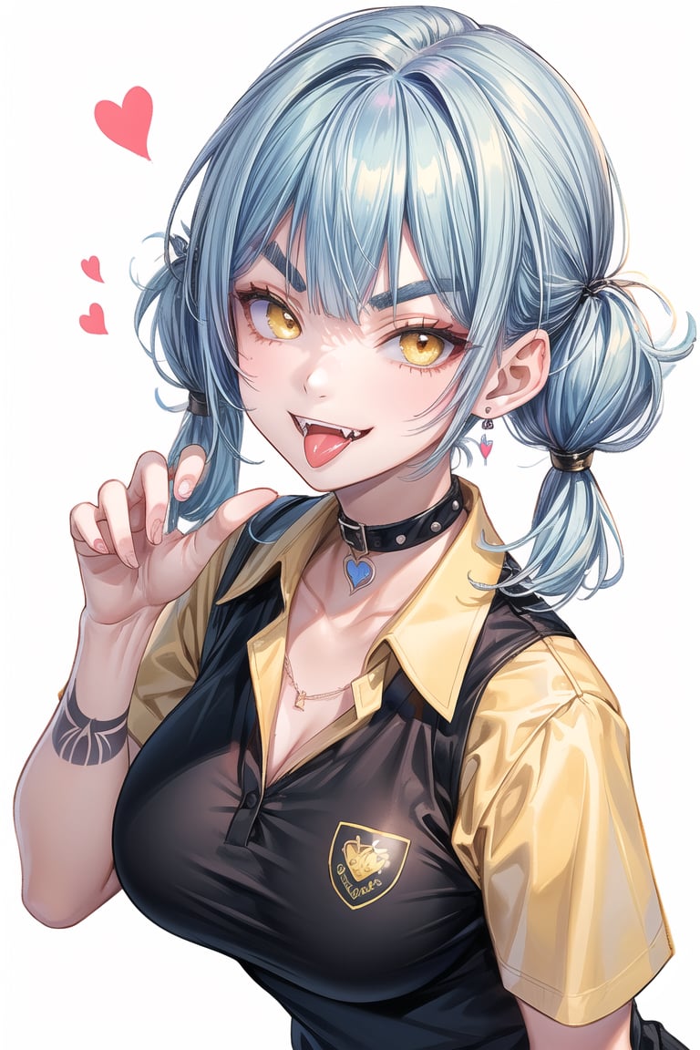 (masterpiece:1.2), best quality, PIXIV, Rebellious girl, portrait, 1girl, solo, tongue, ((blue hair)), ((Medium short hair)), ((messy Hair)), (Short hair), (((Unkempt hair))), ((big sized short twin tails)), ((diagonal bangs, blunt bangs, slant bangs, straight bangs)), ((Yellow eyes, yellow color contact lens, slant eyes)), ((thick eyebrows)), fangs, (((Spiteful smile, smirk, fangs))), ((black short sleeve collared shirt)), spike choker, huge breasts, lots of earrings, tattoos, sprit tongue, looking at viewer, open mouth, tongue out, upper body, claw pose, simple background, smile, heart, white background,