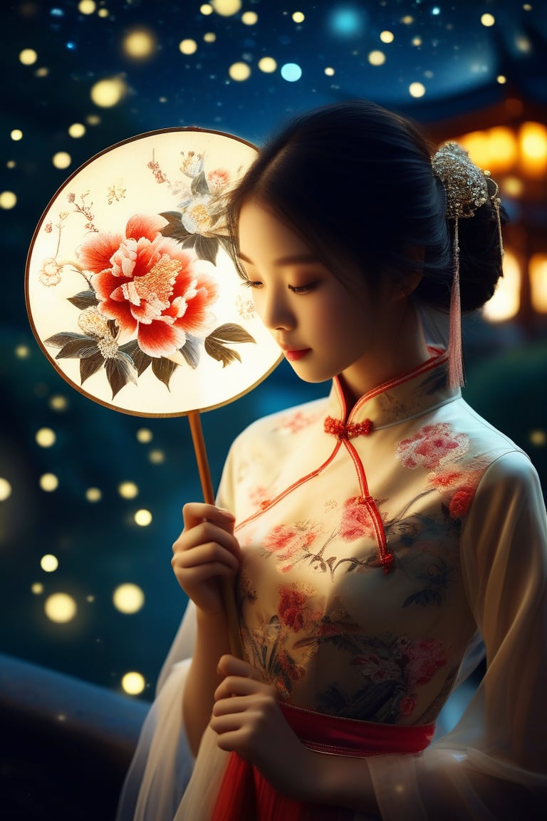 professional photography by Alessio Albi,Chinese girl, traditional cheongsam with peony pattern, delicate Chinese circular fan, silk fan surface, long bamboo fan handle body, very detailed details of the girl's face, holding a circular fan, long bamboo fan handle, Chinese calligraphy characters written on the fan surface, in a starry night environment with nearby lights suggesting the holiday season. Highly detailed, cinematic lighting, 8K resolution.