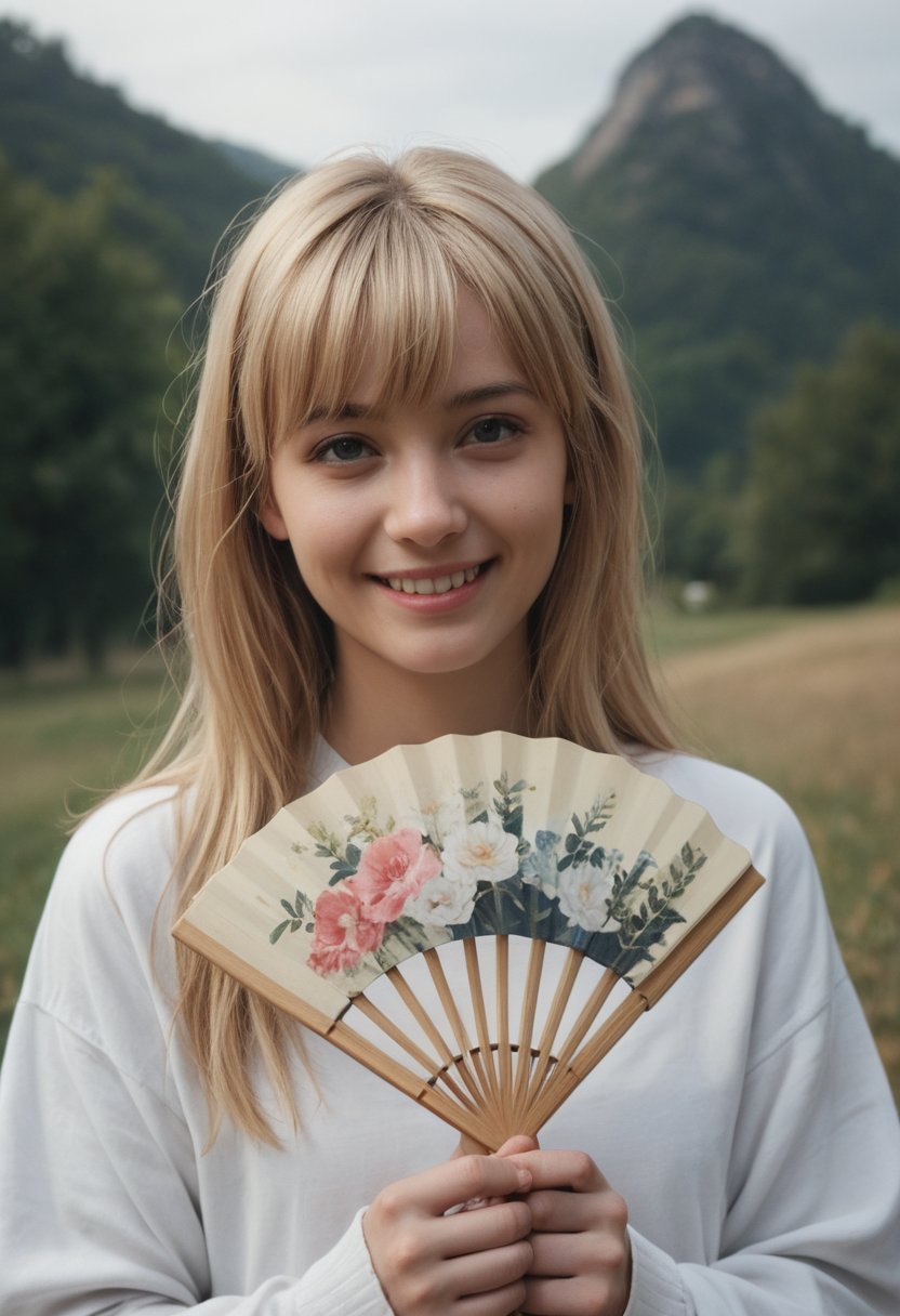 score_9, score_8_up, score_7_up, score_6_up, 
BREAK , 
source_real, raw, photo, realistic,  
BREAK, 

1girl, solo, long hair, looking at viewer, smile, bangs, blonde hair, upper body, outdoors, sky, day, sleeves past wrists, hand fan, realistic, photo background