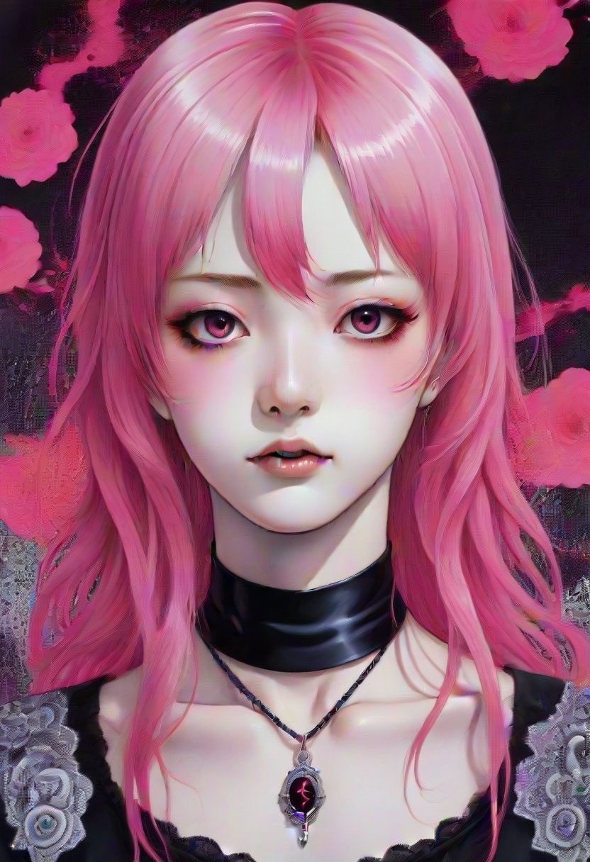 by Junji Ito, A highly detailed anime-style illustration of a mysterious character who is not facing the viewer. The character has long pink hair and is wearing a black choker adorned with a silver pendant. The background is a vibrant pink, complementing the character’s hair color and adding to the overall mystique of the image.