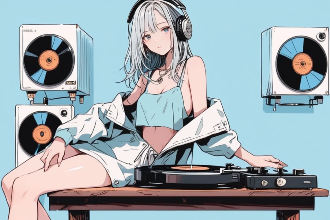  IbukiMio,txznf, High details, high quality, masterpiece, beatuiful, (
model magazine scene), cinematic urban, sexy serius woman, alone, listen music with vinyl player, moe anime, (sitting, on side pose), (stylized body), (serius face), aesthetic, white hair, (urban clothes, sexy, warm, neckline), living with collection vinyl, warm tone, lofi vibe
,flat style,txznflat