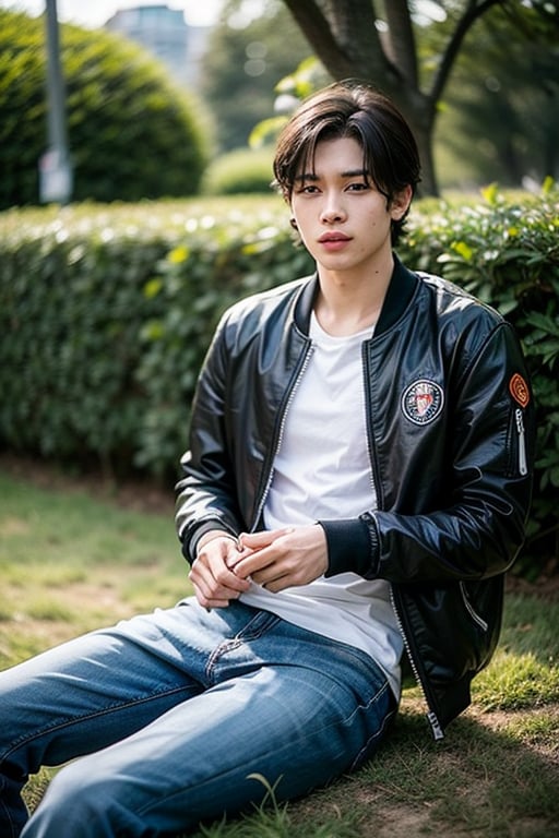 solo, looking at viewer, short hair, shirt, black hair, 1boy, sitting, jacket, male focus, outdoors, blurry, grass, plant, realistic, yellow jacket, blurry, black eyes, lips, depth of field, leaf, plant, blurry foreground, realistic, leaf near focus 