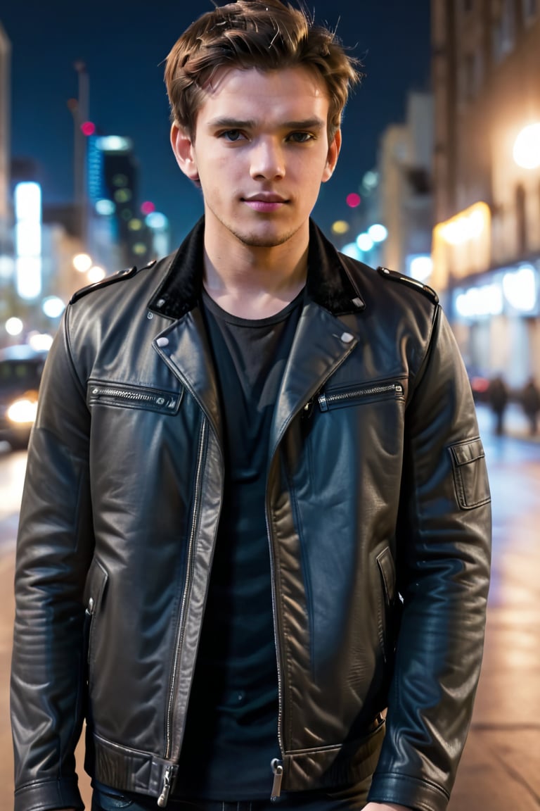 solo, looking at viewer, short hair, black hair, 1boy, jacket, male focus, outdoors, blurry, black jacket, black shirt, night, blurry background, facial hair, motor vehicle, city, realistic, hands in pockets, leather, leather jacket