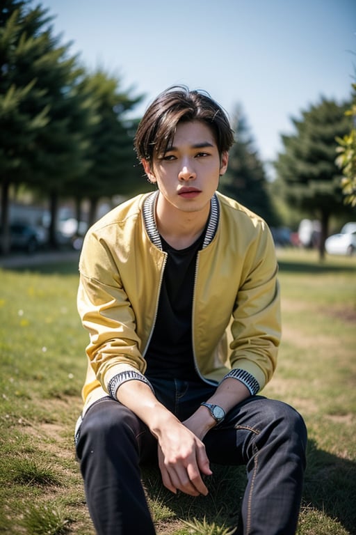 solo, looking at viewer, short hair, shirt, black hair, 1boy, sitting, jacket, male focus, outdoors, blurry, grass, plant, realistic, yellow jacket,niky