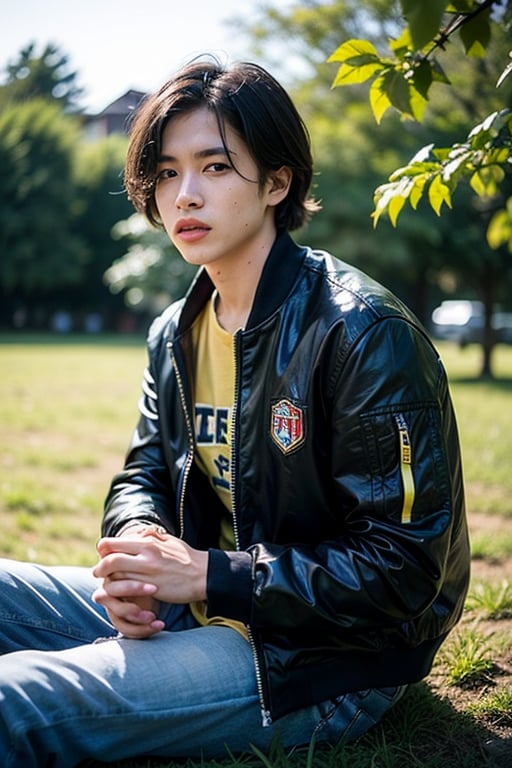 solo, looking at viewer, short hair, shirt, black hair, 1boy, sitting, jacket, male focus, outdoors, blurry, grass, plant, realistic, yellow jacket, blurry, black eyes, lips, depth of field, leaf, plant, blurry leaf foreground, realistic, leaf near focus 