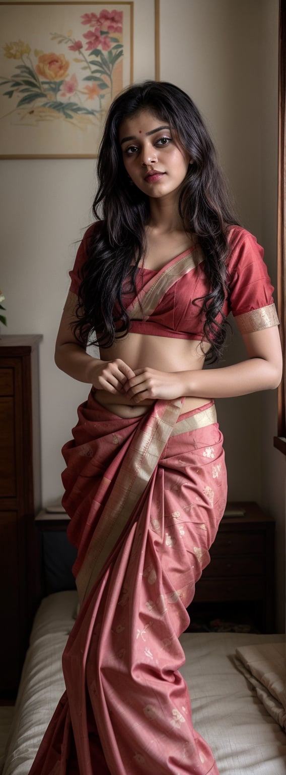 Lovely cute young attractive indian  girl, 20 years old, cute long black_hair,  black  hair,  patterned pink short blouse and red saree . Home , bed_sheet, bedroom with flowers, 