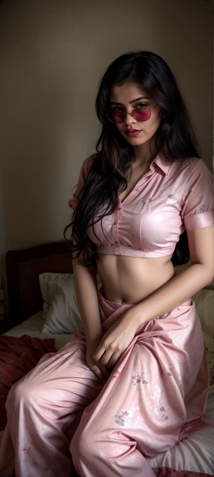 Lovely cute young attractive indian  girl, 20 years old, cute long black_hair,  black  hair,  They are wearing a  pink , patterned pink blouse and red saree black sunglass . Home , bed_sheet, bedroom with flowers,