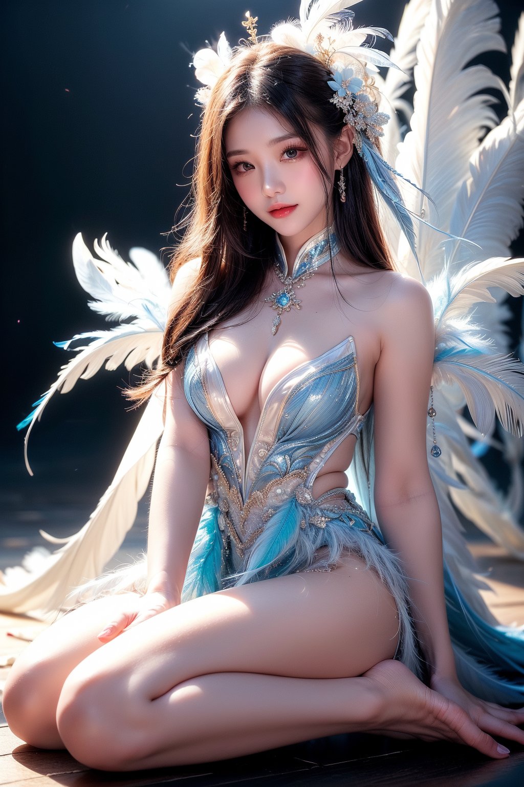 masterpiece, top quality, (arafed woman in a blue dress sitting on the floor that full of white feathers, ethereal beauty, wearing a feather dress, ethereal fantasy, xianxia fantasy, ethereal fairytale, dress made of feathers, blue feathers, incredibly ethereal, soft feather, fantasy beautiful, full body made of white feathers, jingna zhang, white feathers, chinese fantasy, a stunning young ethereal figure), extreme detailed, (abstract, fractal art:1.3), isometric, highest detailed, (feather), ghost.,1girl, most beautiful korean girl, Korean beauty model, stunningly beautiful girl, gorgeous girl, 18yo, over sized eyes, big eyes, smiling, looking at viewer,realhands,best quality