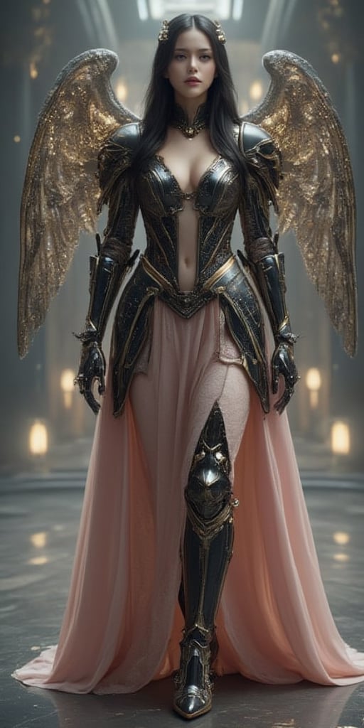 In this mesmerizing scene, a gothic girl stands majestically against a backdrop of opulent marble splendor. Her porcelain-white skin and flowing black hair create a stark contrast against the soft pink fabric of her gown, intricately woven with lace and satin. The iron armor she wears, engraved with steel runes, tells a tale of grandeur and strength. Behind her, mechanical wings, sparkling like stars, unfold gracefully, defying conventional beauty. Amidst the ghostly echoes of a lavish past, she moves with poetic chaos, her dark, enigmatic eyes capturing the melancholy essence of a world suspended between the audacious legacy of its history and the innovative promise of its future.,FuturEvoLabMecha,FuturEvoLabArmor