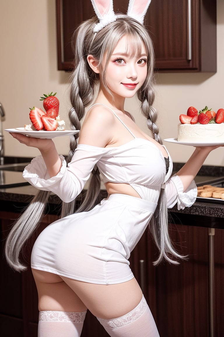 score_9,score_8_up,score_7_up,ClrSkt, 2girls, animal ears, ass, bare shoulders, black thighhighs, blush, braid, cake, carrot, cleavage, detached sleeves, dress, food, fruit, full body, green dress, grey eyes, grey hair, large breasts, long hair, long sleeves, looking at viewer, multiple girls, panties, rabbit ears, rabbit girl, rabbit tail, sleeves past fingers, sleeves past wrists, smile, standing, strawberry, tail, thighhighs, thighs, twin braids, twintails, underwear, white dress, white panties, white thighhighs

