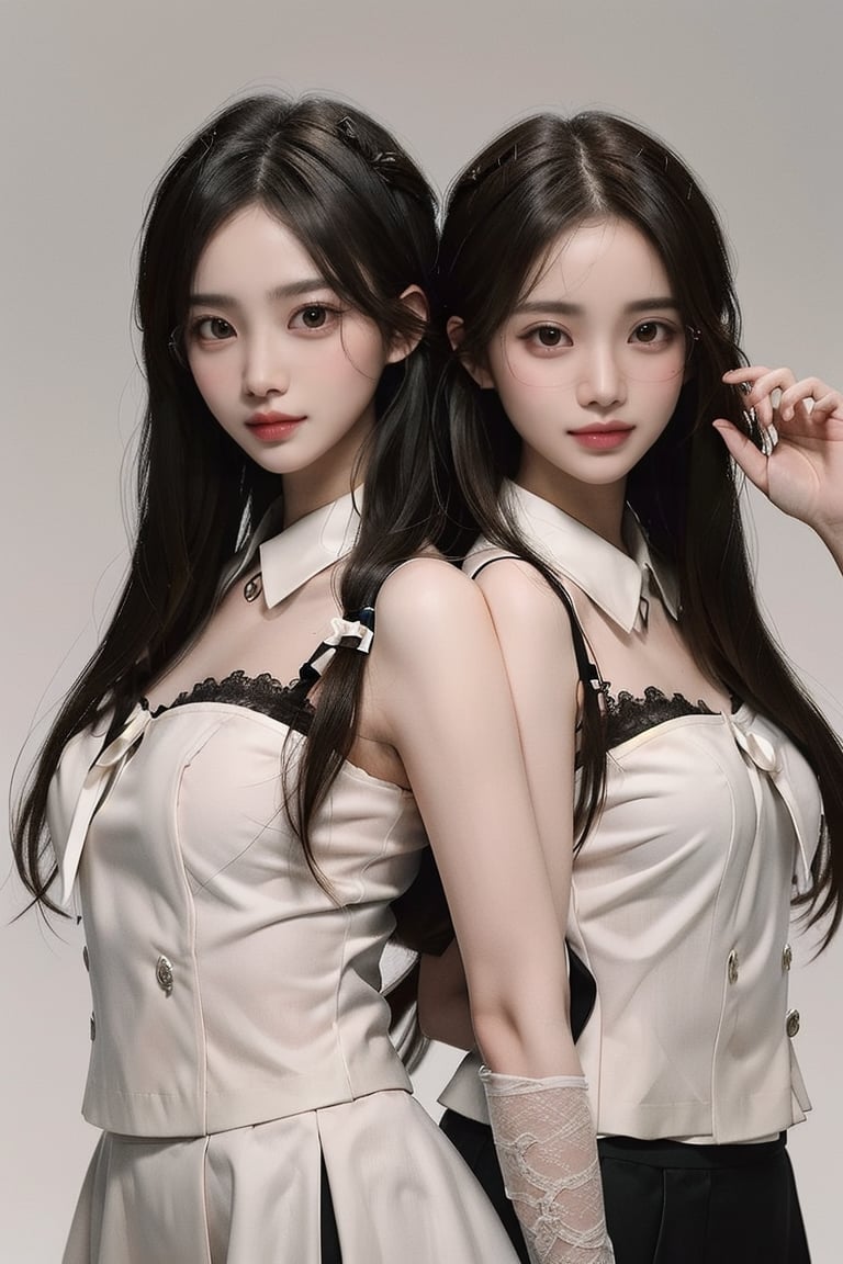 Asian twins beauty girls,glasses ,stubble,upper body, muscle ,realistic , smile,undercut hairstyle, light_bule_eyes, 2 girls, side by side,Bullets are flying,friendship,different long hair style, different pose, and without glasses 