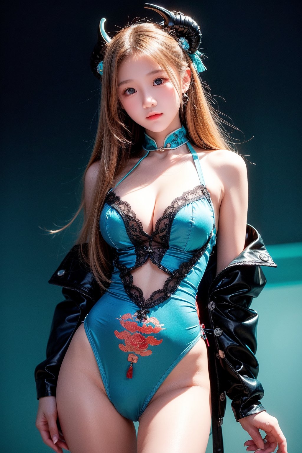 1girl, most beautiful korean girl, Korean beauty model, stunningly beautiful girl, gorgeous girl, 20yo, over sized eyes, big eyes, smiling, looking at viewer, ((Cowboy Shot: 1.5)), big eyes, Dark circles under the eyes, Morbid eyes, indulgent style, semi-realistic anime style, raise a finger, short bangs, cowboy shot, shoulder, unconventional beautiful pose, long straight blonde hair with horns, black eyes, (turquoise Chinese motifs:1.5), thigh, knee socks, short skirt, ink drawing, beautiful body line, black background, detailed shading with pencil hatching, shadow expression of fine lines, accented with a delicate white collar lace, watercolor style, masterpiece, best quality, ultra detailed, insanely detailed, 4k, 8k, (anime), dutch-angle, Airbrushed illustrations, Lithograph, silkscreen,watbrcolor,