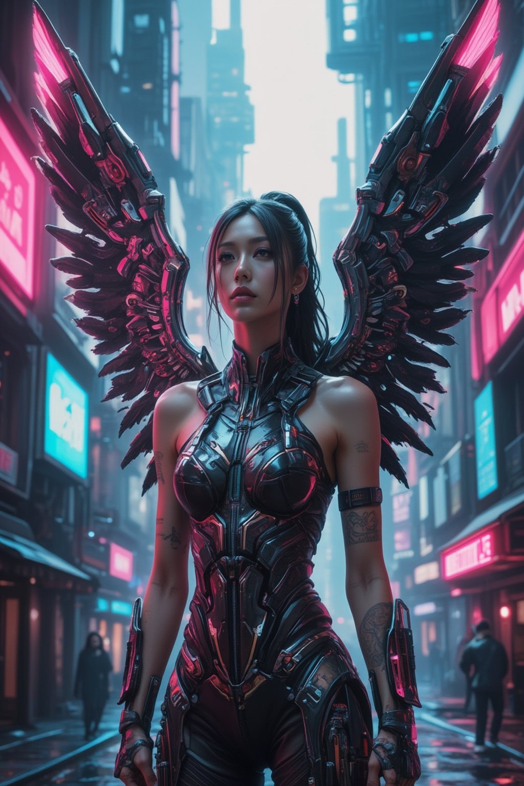 A cyberpunk-inspired young woman with massive angel wings, each feather a piece of reflective metal with neon edges. She has a stern expression, her body augmented with advanced technology. She stands in a futuristic cityscape filled with towering holograms and neon billboards, her wings shining with a soft, ethereal glow.,FuturEvoLabNinja