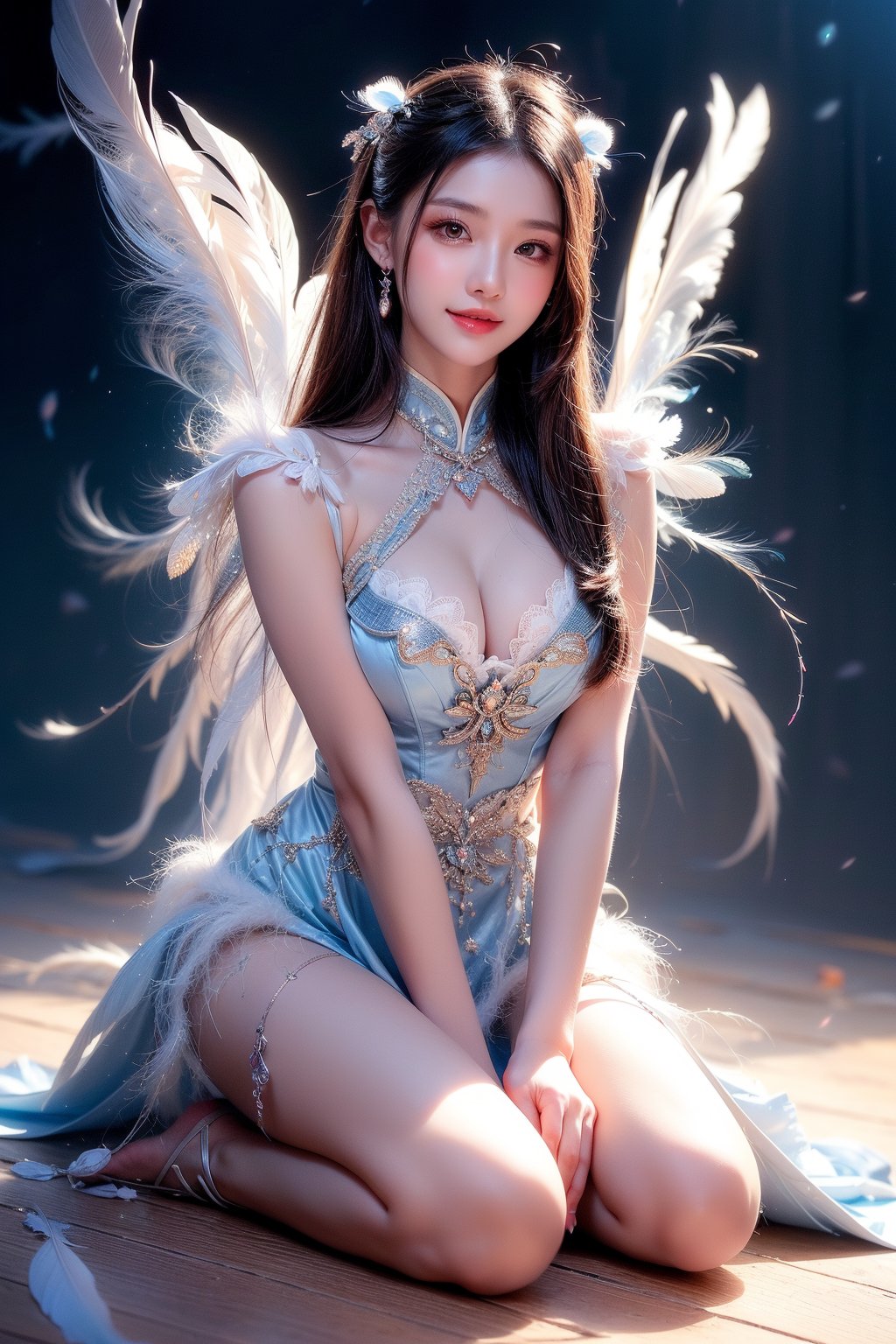 masterpiece, top quality, (arafed woman in a blue dress sitting on the floor that full of white feathers, ethereal beauty, wearing a feather dress, ethereal fantasy, xianxia fantasy, ethereal fairytale, dress made of feathers, blue feathers, incredibly ethereal, soft feather, fantasy beautiful, full body made of white feathers, jingna zhang, white feathers, chinese fantasy, a stunning young ethereal figure), extreme detailed, (abstract, fractal art:1.3), isometric, highest detailed, (feather), ghost.,1girl, most beautiful korean girl, Korean beauty model, stunningly beautiful girl, gorgeous girl, 18yo, over sized eyes, big eyes, smiling, looking at viewer,realhands,best quality