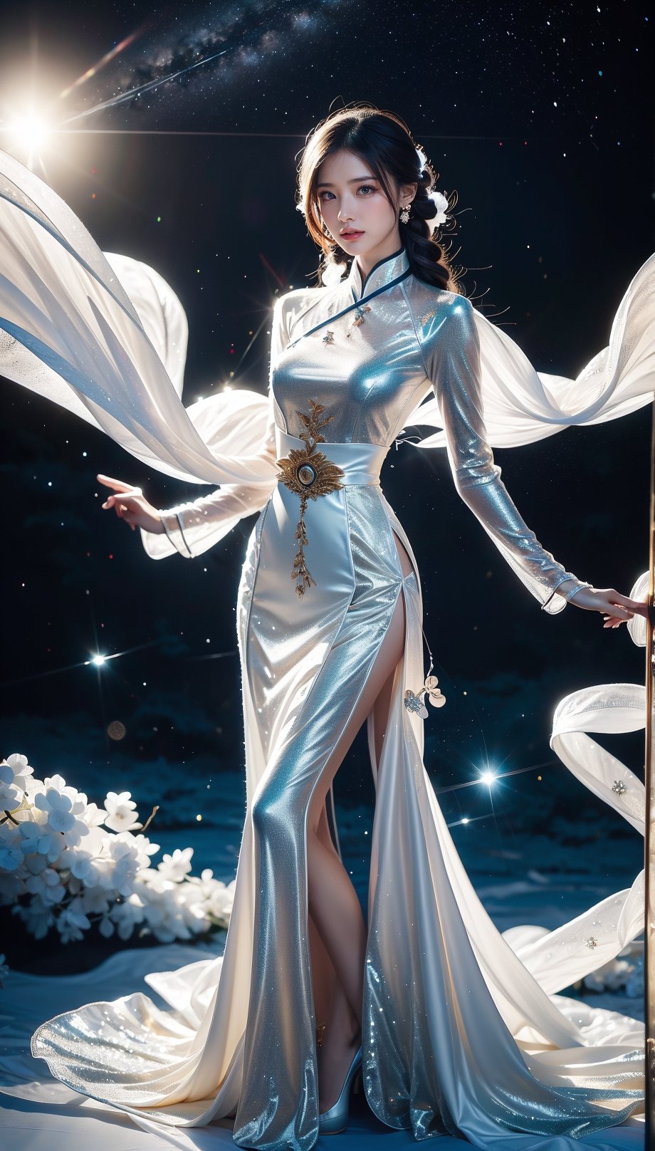 Japanese comics, light color, masterpiece, bottom up shot/angle, boutique, aesthetic, (1girl, solo, cheongsam, white long hair, single braid,) , (model picture), (full body), perfect legs, perfect hands, Vietnamese martial arts master, fighting stance, beautiful boy, night, moon starry sky, Milky Way starry sky watercolor background \(center\), very detailed, lens flare, glass art, glitter, glint, light, midjourney portrait,girl,CLOUD,FuturEvoLabFlame,FuturEvoLabLightning,Thunder Flash,Lightning aura,lass,blue eyes,short hair,amagi_hiiro,taniguchi, Enhance,ao dai,Ao Dai