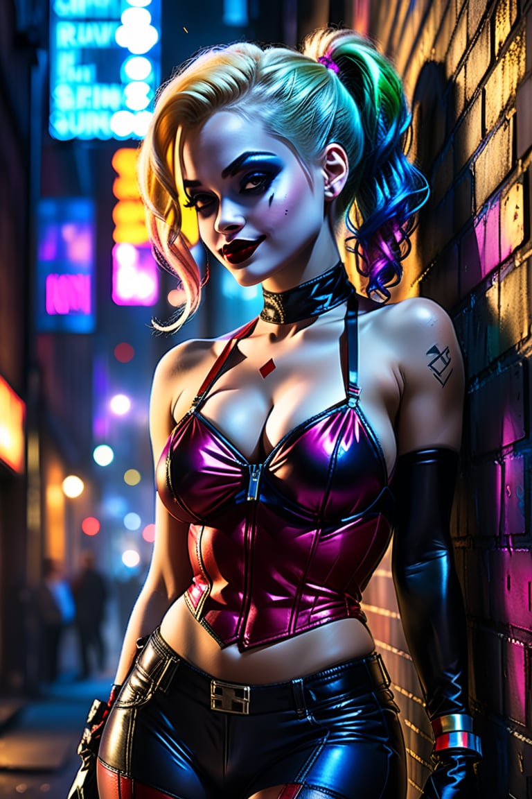 Harley Quinn leans seductively against a dimly lit alleyway wall, her see-through attire teasingly revealing perky, protruding curves. The city's vibrant nightlife hums softly in the background as she confidently leans against the weathered brick, her eyes gleaming with sultry allure.
