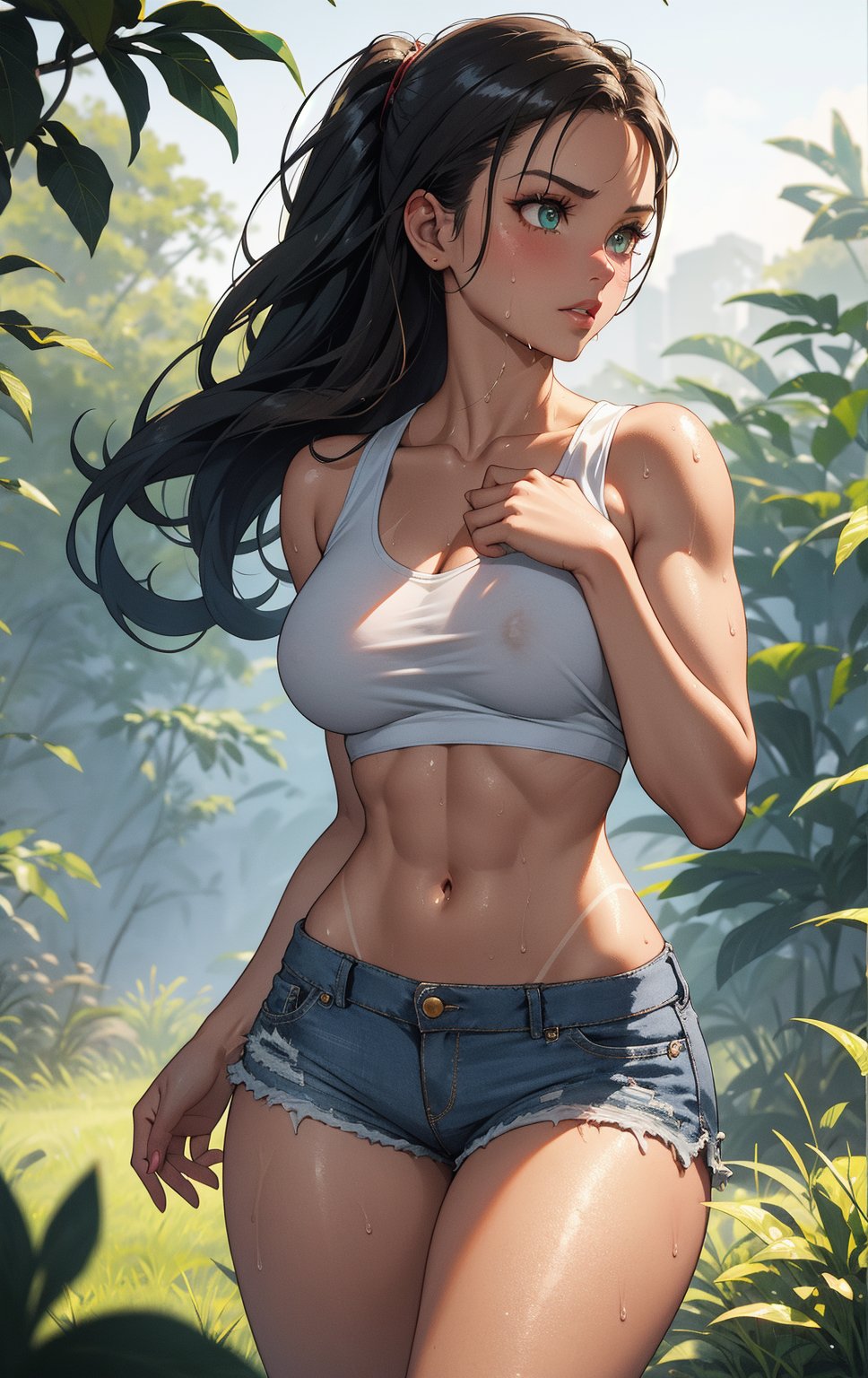 Close-up shot of Lara Croft standing in a lush green field, sweat glistening on her sun-kissed skin as she holds her hair with confidence. Her iconic tank top, now wet and transparent and clinging to her curves, accentuates her toned physique. Ripped shorts reveal a tantalizing glimpse of her toned legs, drawing attention to her athletic build. The camera lingers on her striking features, capturing the fierce determination in her eyes as she surveys the landscape. The warm sunlight casts a golden glow, highlighting the rugged beauty of this action heroine.