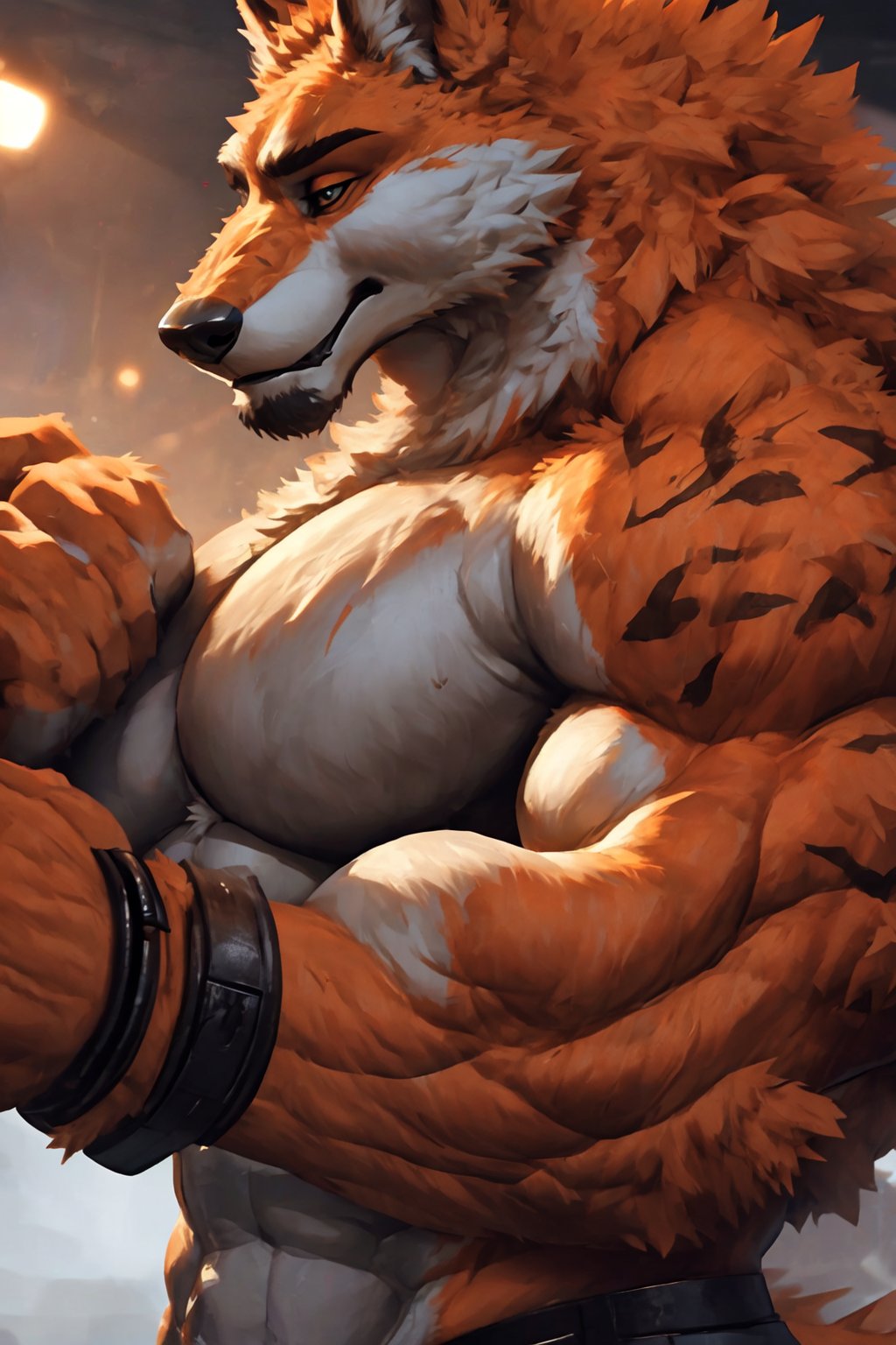 Male, wolf, (muscular), (extremely_realistic), (thick_arms), (big_pecs), (tall), (wide_shoulders), (orange_fur), (close up of large arms)