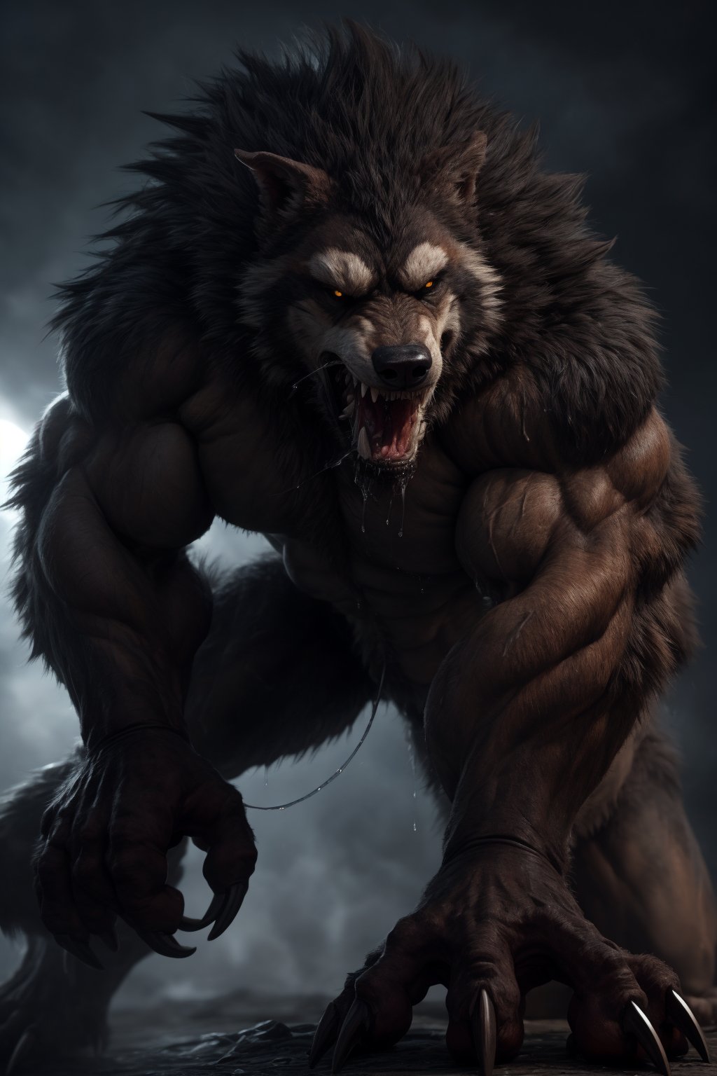 Male, wereshep, (extremely_muscular), (thick_arms), (massive pecs), realistic, large claws, (saliva_string), growling 