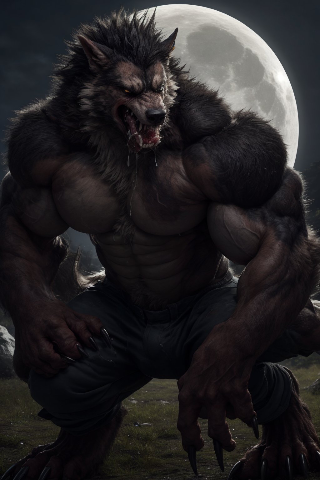 Male, wereshep, (extremely_muscular), (thick_arms), (massive pecs), realistic, saliva_string, (mid_transformation), full_moon, large claws, groaning in pain