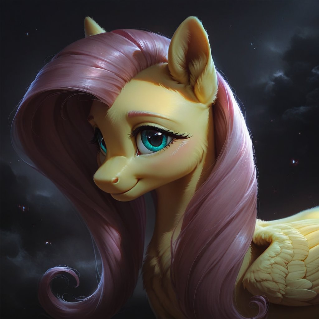 score_9, Fluttershy, pony, fluffy, furry, detailed, beautiful, Expressiveh, realism, smile, dark theme, black fog