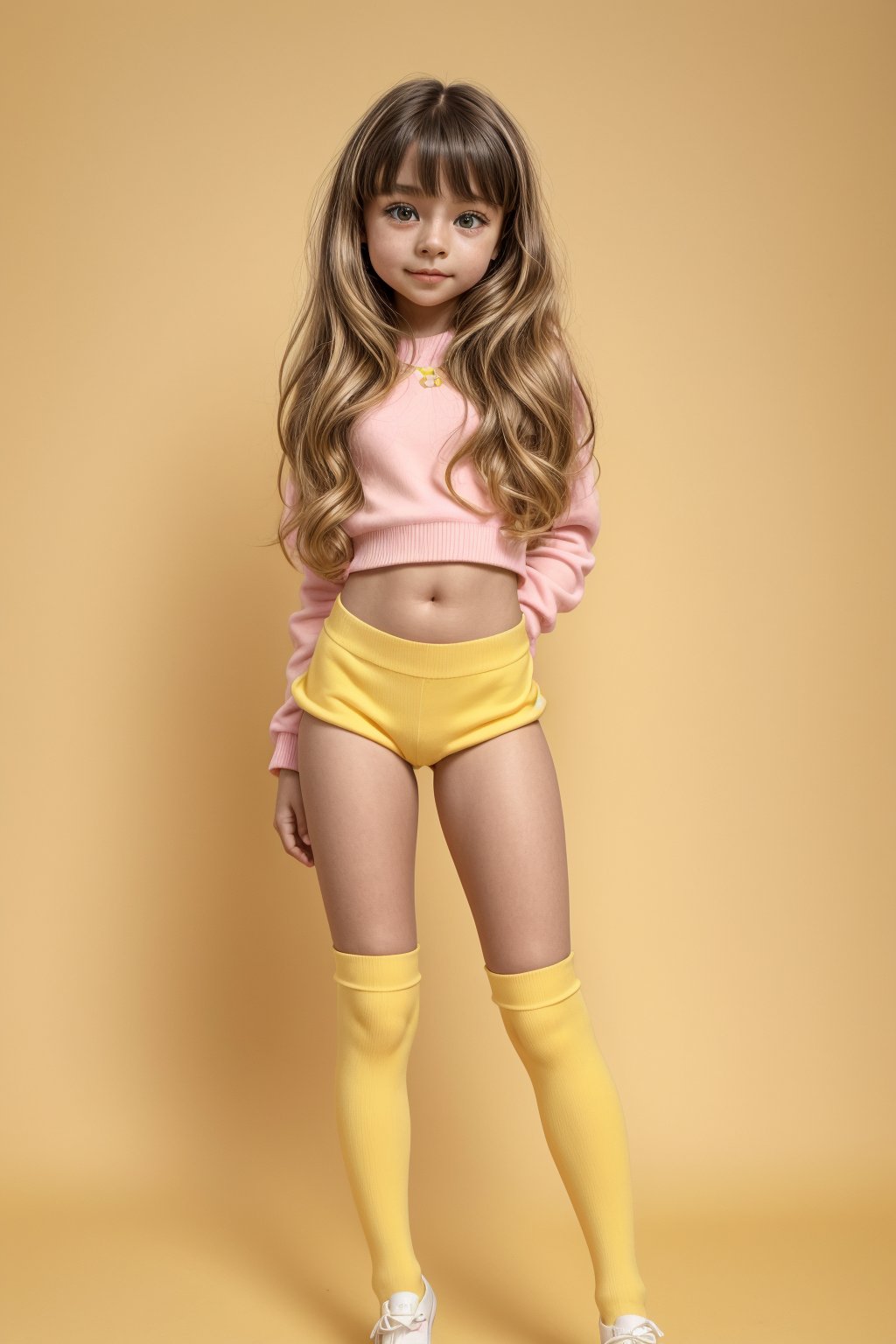 A young girl, around 11 years old, with a petite build and a mini-style, stands in alluring pose and the legs are slightly open. childish colorful wear with thigh high socks, looking down with a mixture of curiosity and embarrassment against a bright yellow background.(bright yellow background)