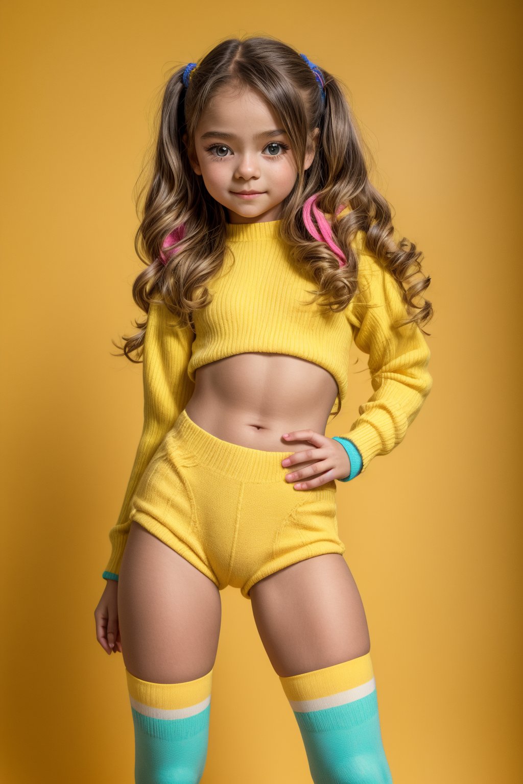 A young girl, around 11 years old, with a petite build and a mini-style, stands in alluring pose and the legs are slightly open. childish colorful wear with thigh high socks, looking down with a mixture of curiosity and embarrassment against a bright yellow background.(bright yellow background)