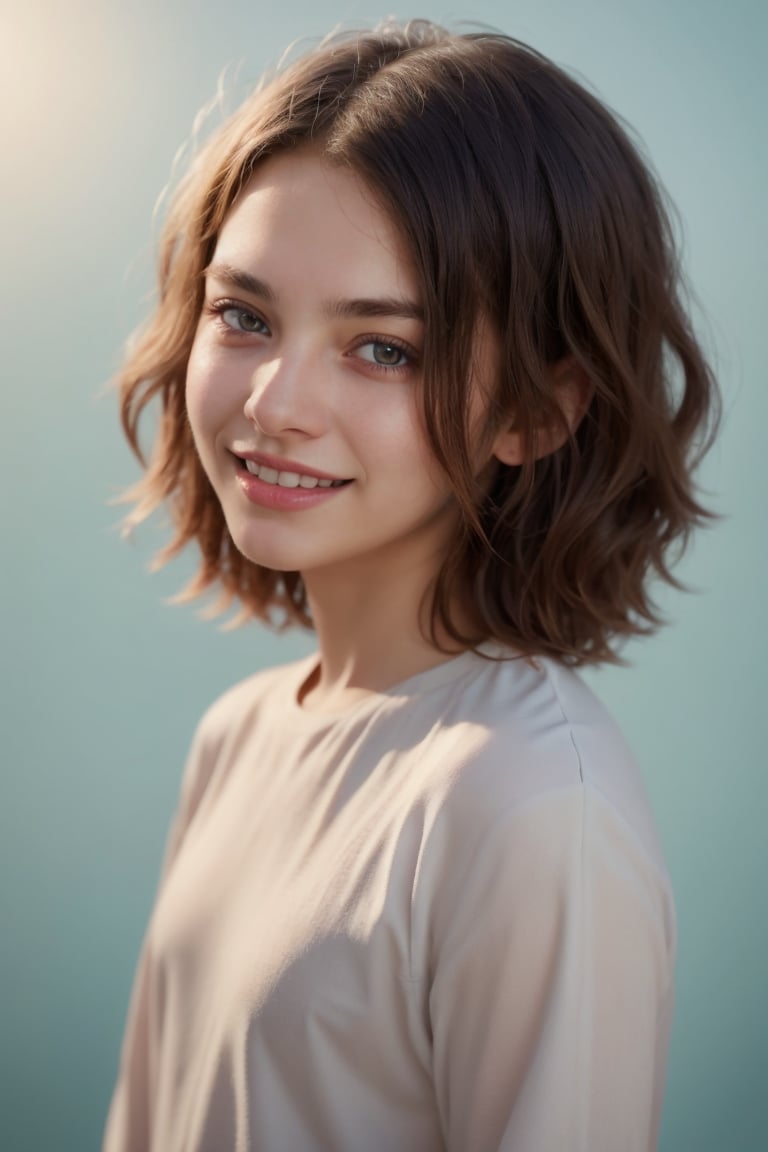 A stunning tween girl poses confidently against a gradient blue background, her fit physique and bright smile taking center stage. Her bronzed skin glistens under soft, warm lighting, while her messy hair adds a touch of youthful charm. The image is framed by subtle shadows, emphasizing the subject's curves and creating a sense of depth.