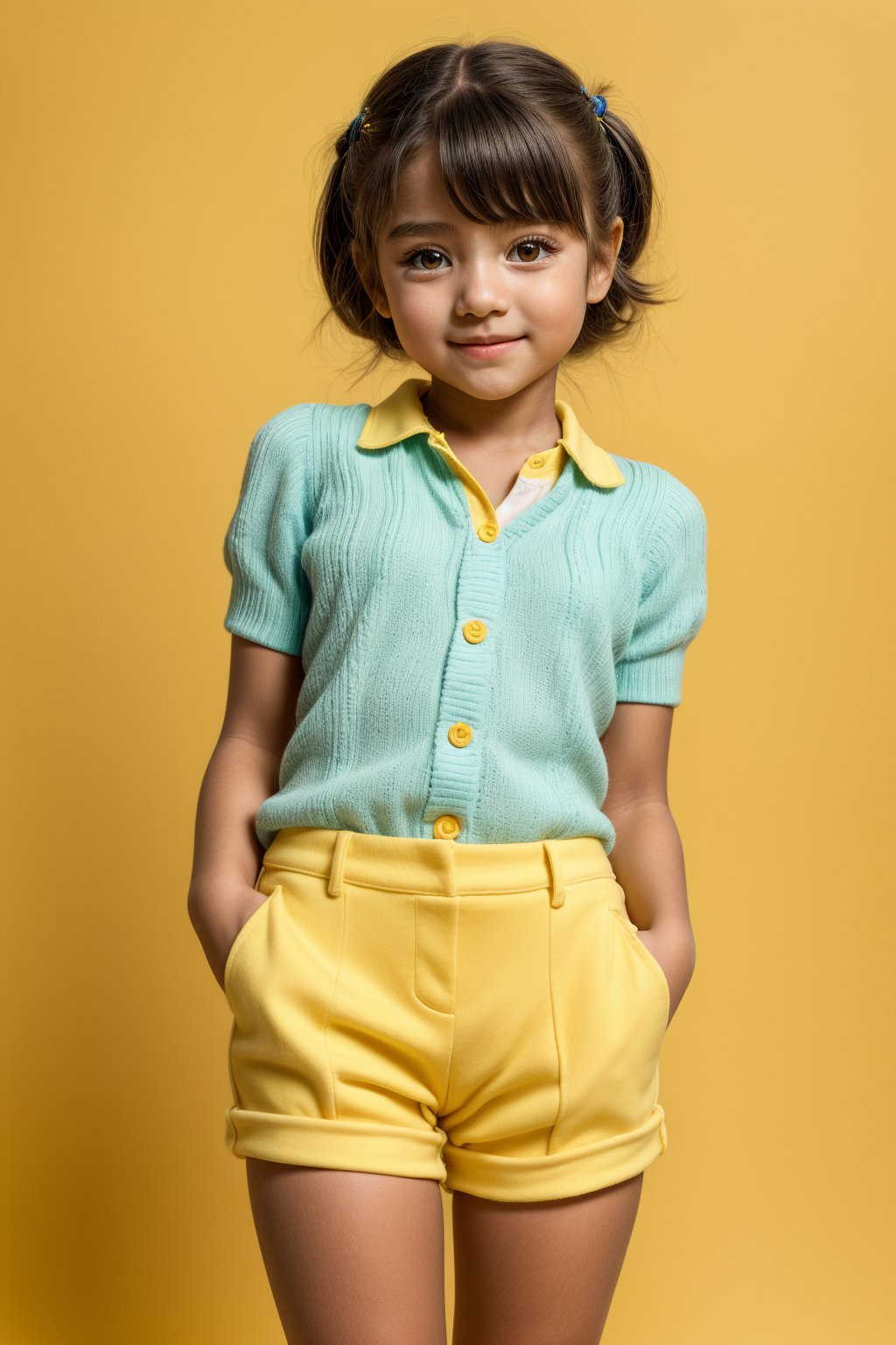 A young girl, around 11 years old, with a petite build and a mini-style, stands in alluring pose and the legs are slightly open. childish colorful wear, looking down with a mixture of curiosity and embarrassment against a bright yellow background.(bright yellow background)