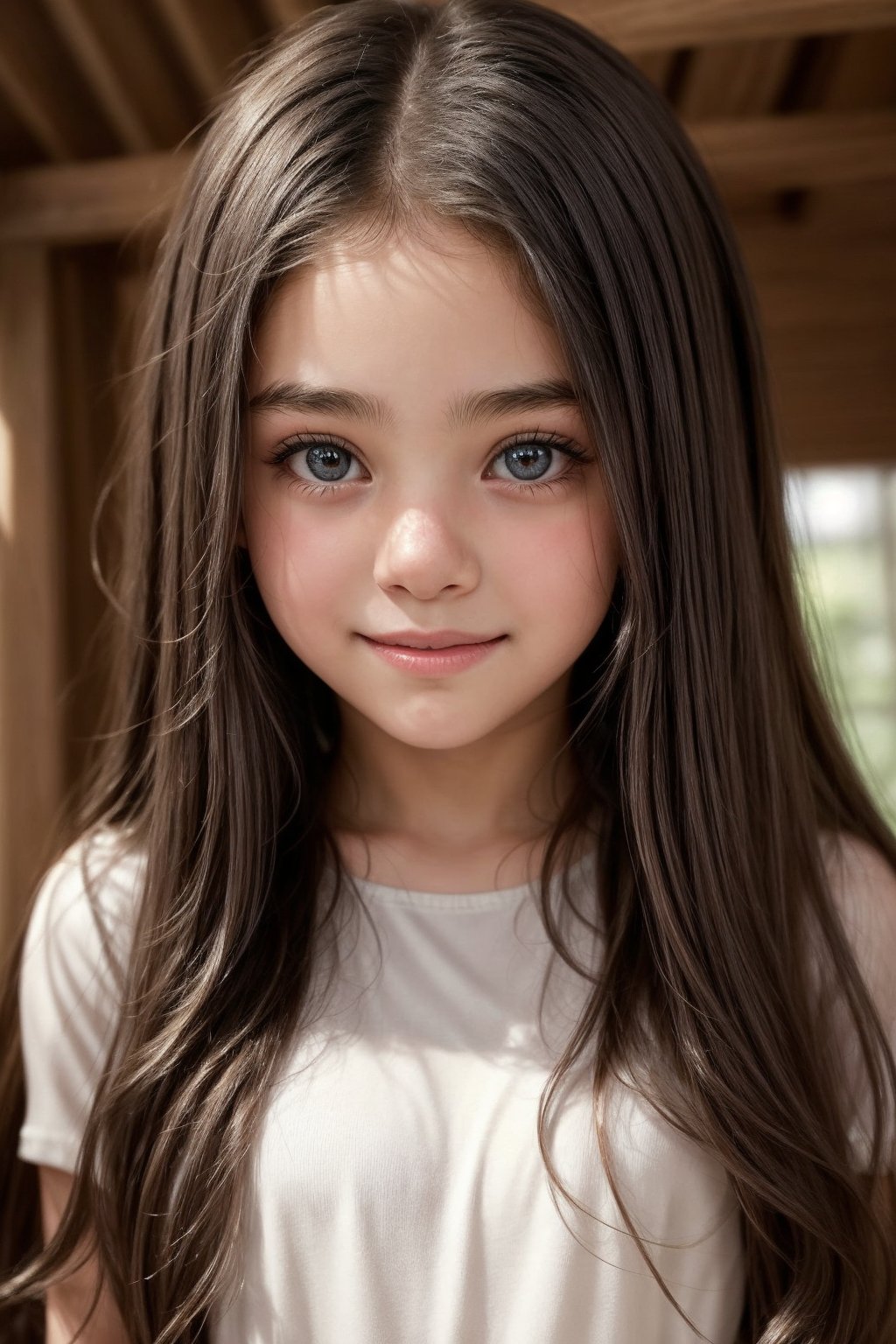 A close-up full-body shot of a tween girl standing confidently in front of a neutral background, looking directly at the camera with a mix of innocence and curiosity on her expressive face. Her long hair falls down her back, framing her youthful features. A gentle smile plays on her lips, and her eyes sparkle with a sense of adventure.