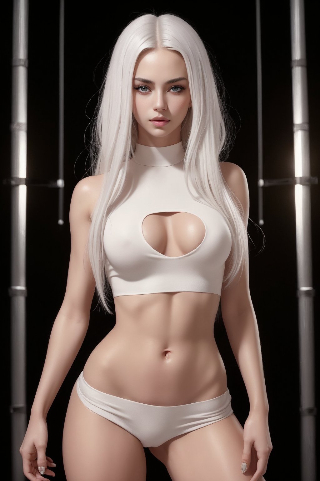 Full body view of a stunning inane with a toned physique and striking white hair poses confidently against a bold, bright black backdrop. Soft lighting highlights her features as she strikes a sassy and seducing pose. The framing of the shot emphasizes her captivating gaze, drawing the viewer's attention to her striking beauty.Realistic,realistic skin, 