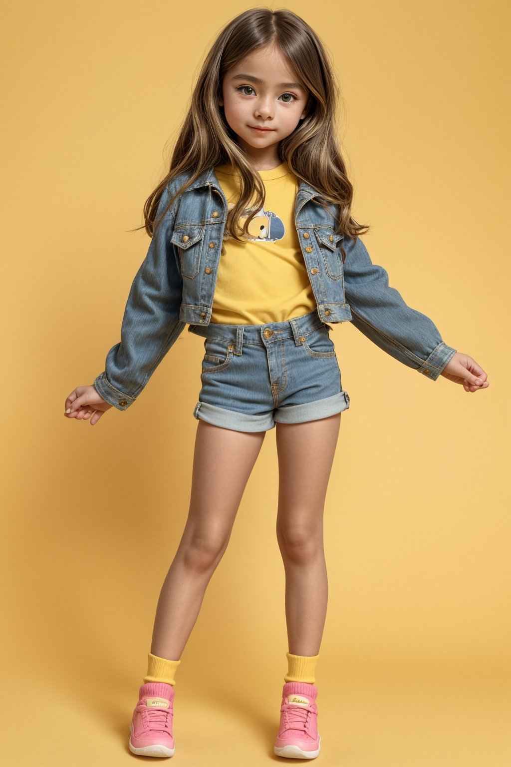 A young girl, around 11 years old, with a petite build and a mini-style, stands in alluring pose and the legs are slightly open. childish colorful wear, looking down with a mixture of curiosity and embarrassment against a bright yellow background.(bright yellow background)